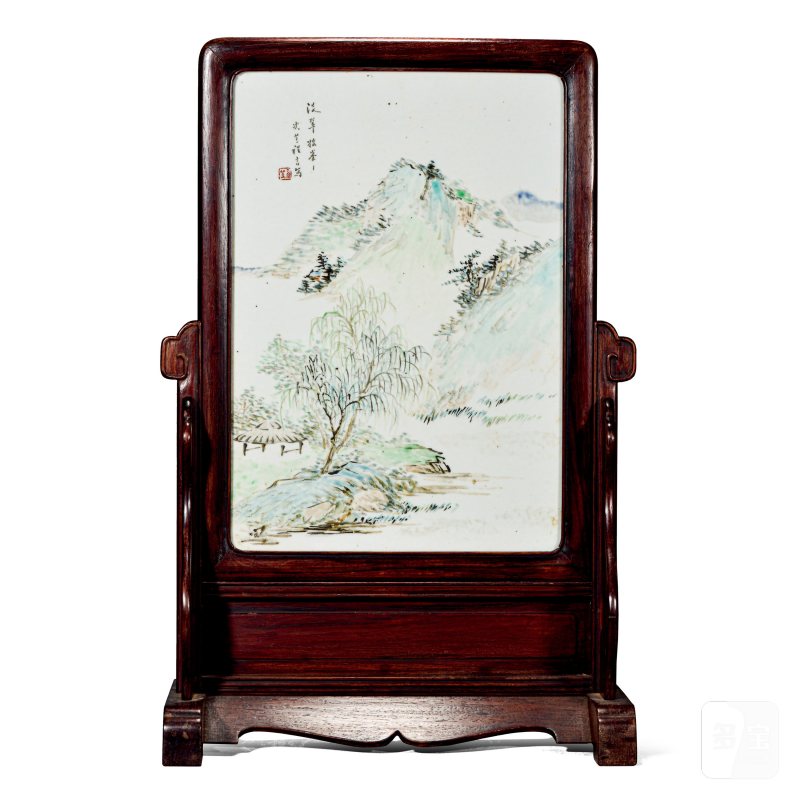清光绪 程言浅绛彩淡翠摇峰山水瓷板插屏